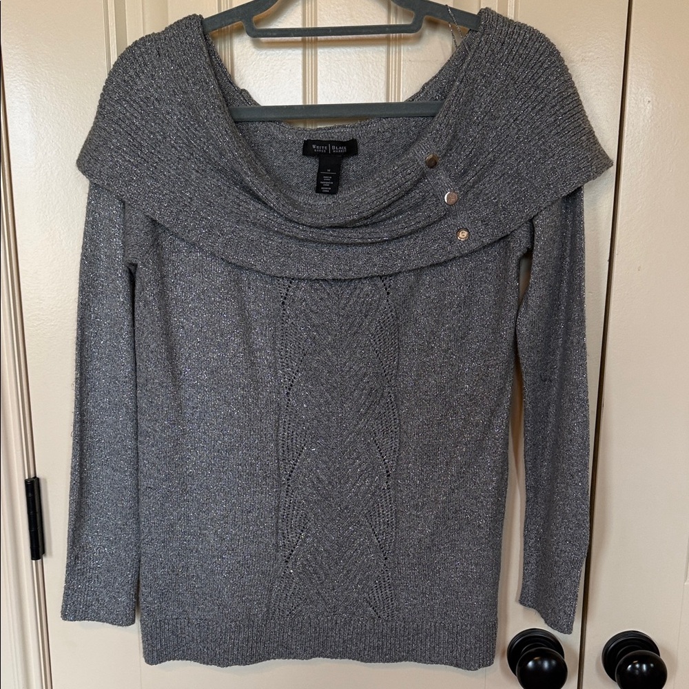 White House Black Market Silver Gray Off-Shoulder Cable Knit Sweater